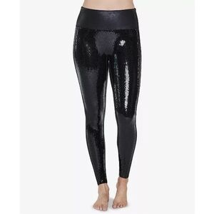 Spanx Black Sequin Faux Leather High Rise Leggings - M